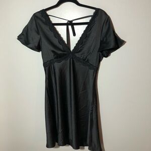 Babydoll y2k whimsigoth lace trim v neck satin dress black M dark fairy grunge